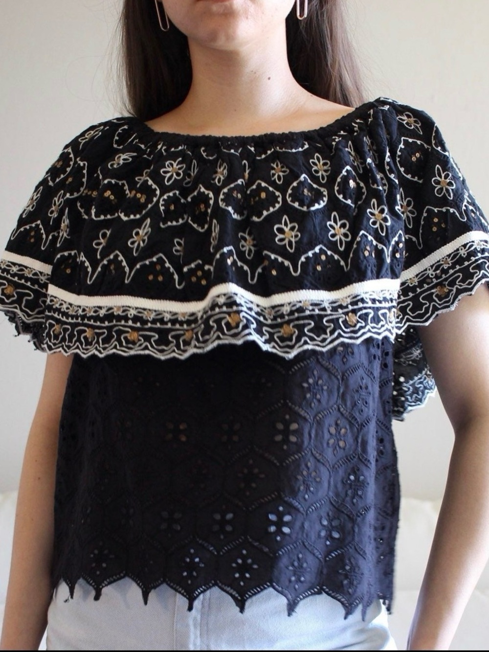 HEMANT & NANDITA Black Embroidered Off-Shoulder Ruffle Top